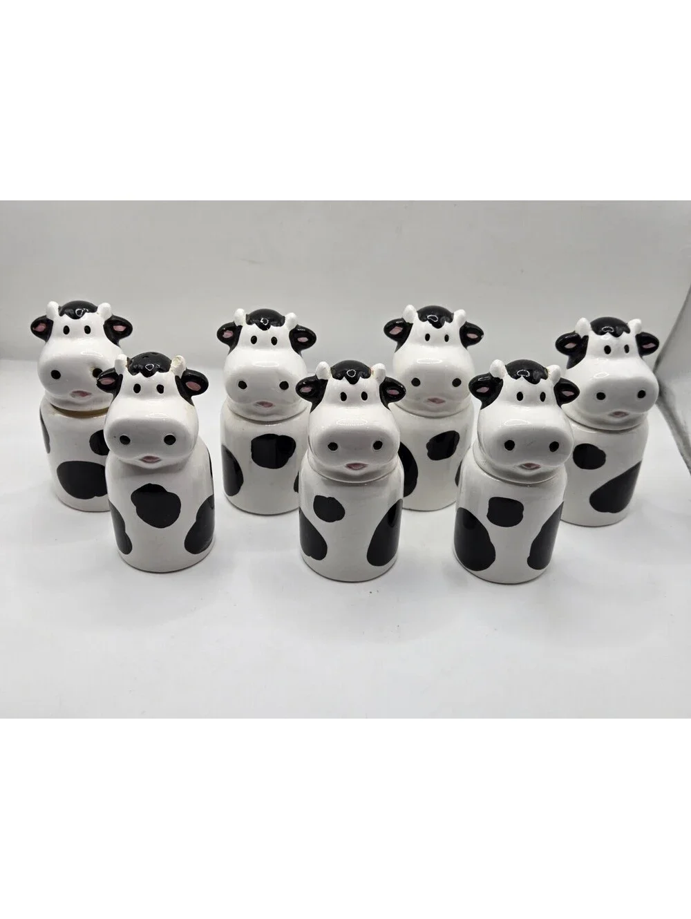Vtg Ceramic Cow Spice Jars Shakers Set of 7 Black White Country Kitchen AS IS